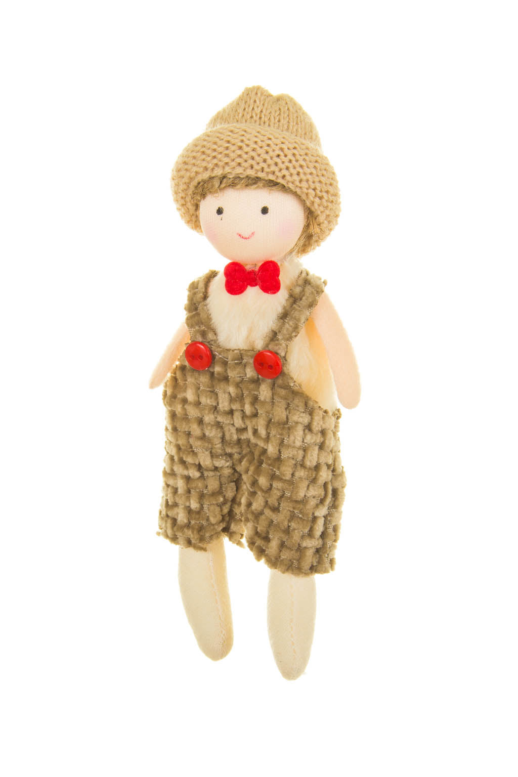 5.5" Hanging Brown and Tan Cloth Overalls Boy Ornament with Beanie