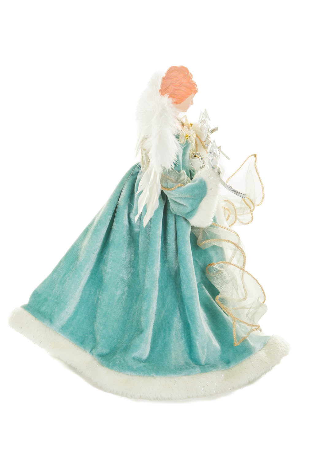 15" Turquoise and White Cotton Sleek Warm White LED Angel Tree Topper with Glowing Stars