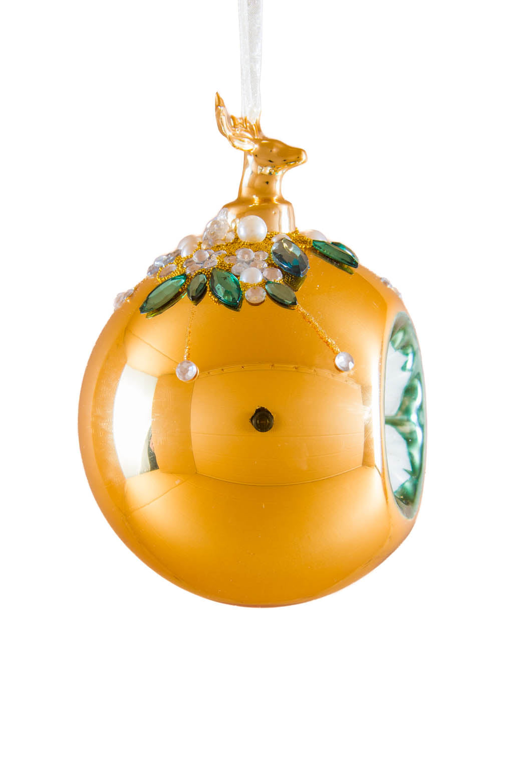 4.3" Hanging Metallic Gold Glass Ball Ornament with White Lilac