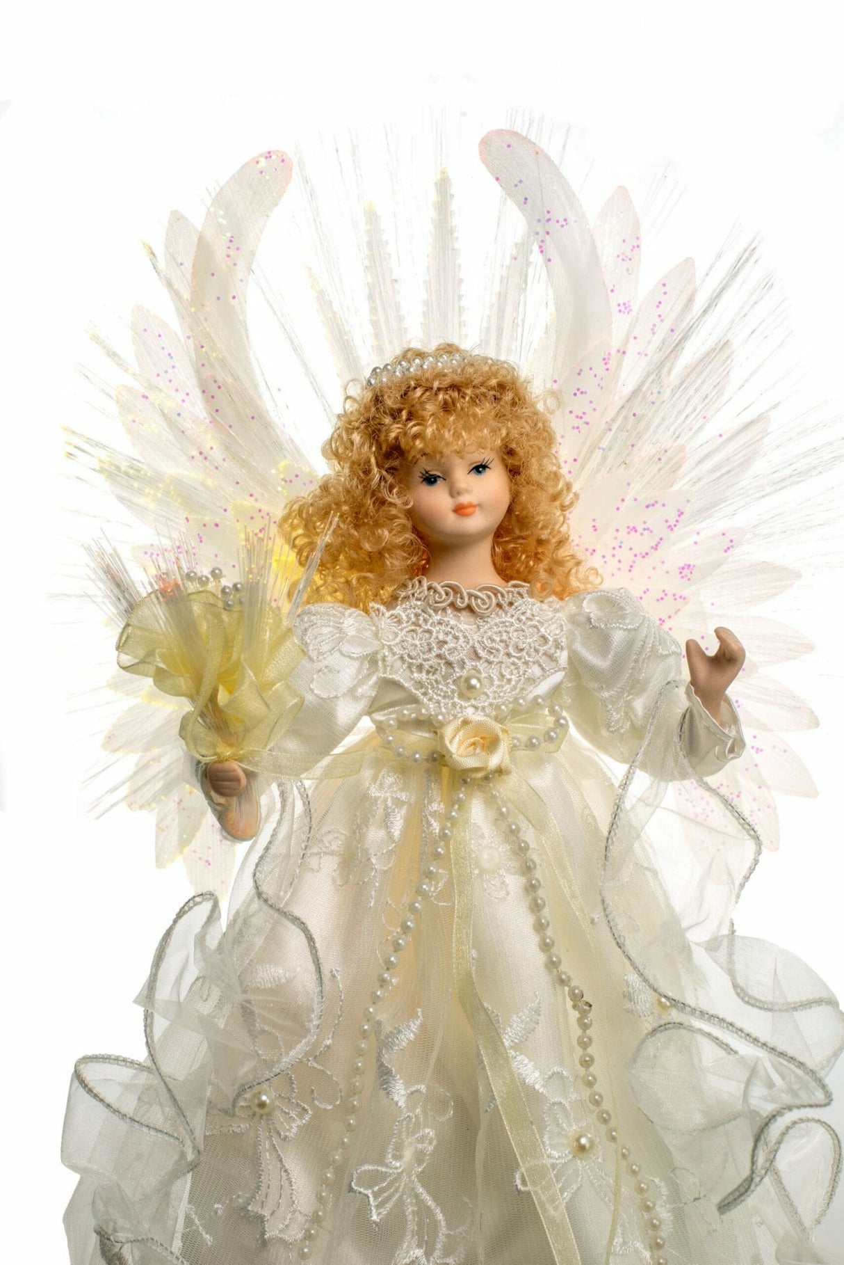 14" Ivory Cloth Modern Fiber Optic Angel Tree Topper with Blonde Curly Hair