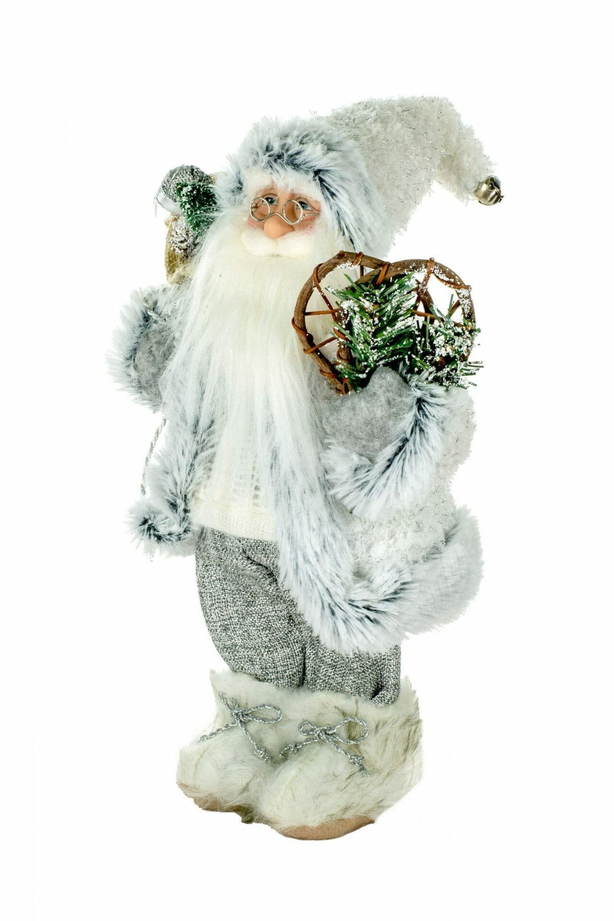 12" White and Gray Cloth Festive Santa Figurine with Snowshoes