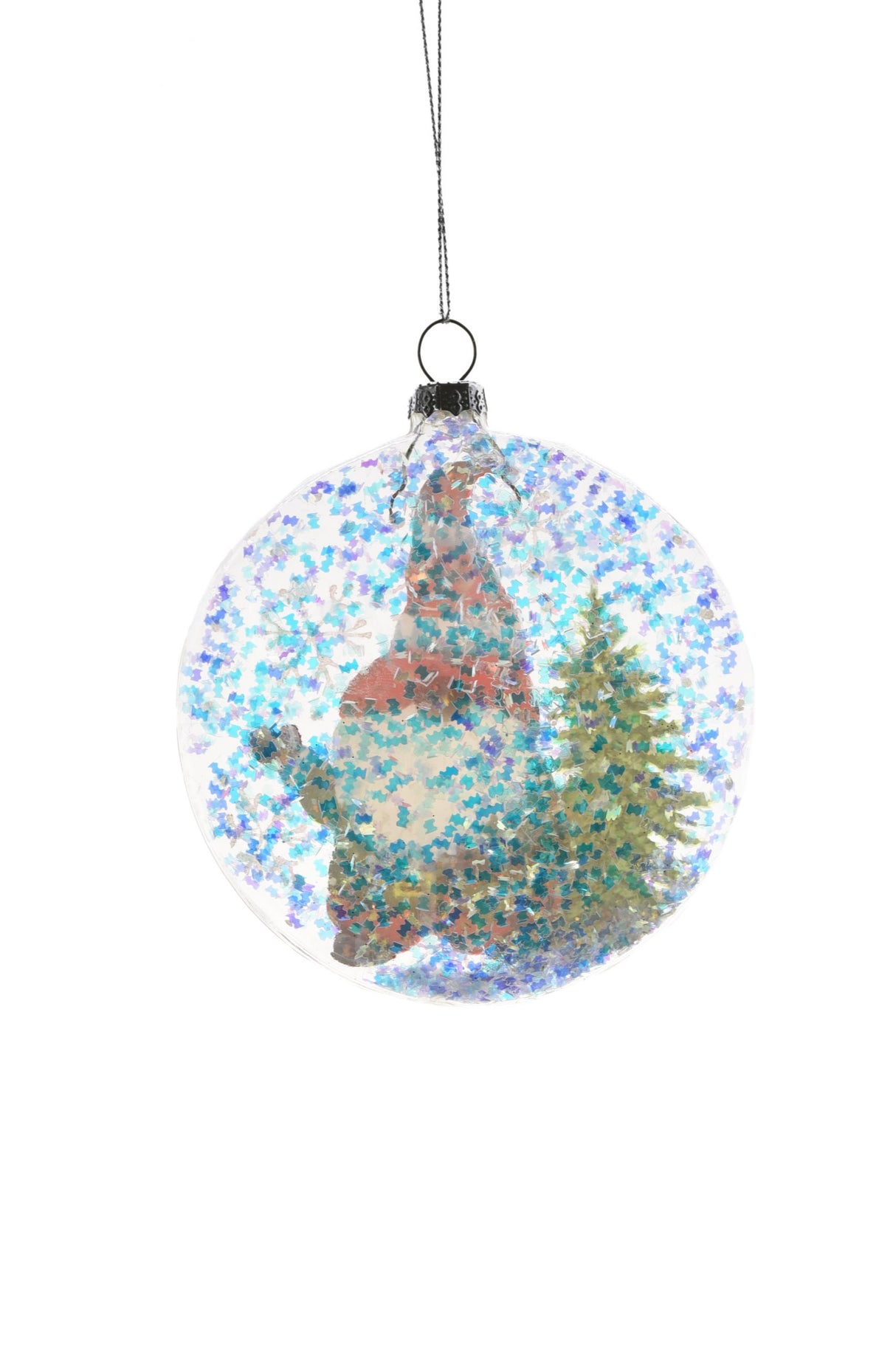 4"Flat Hanging Clear Glass Ball Ornament with Gnome and Candy Cane