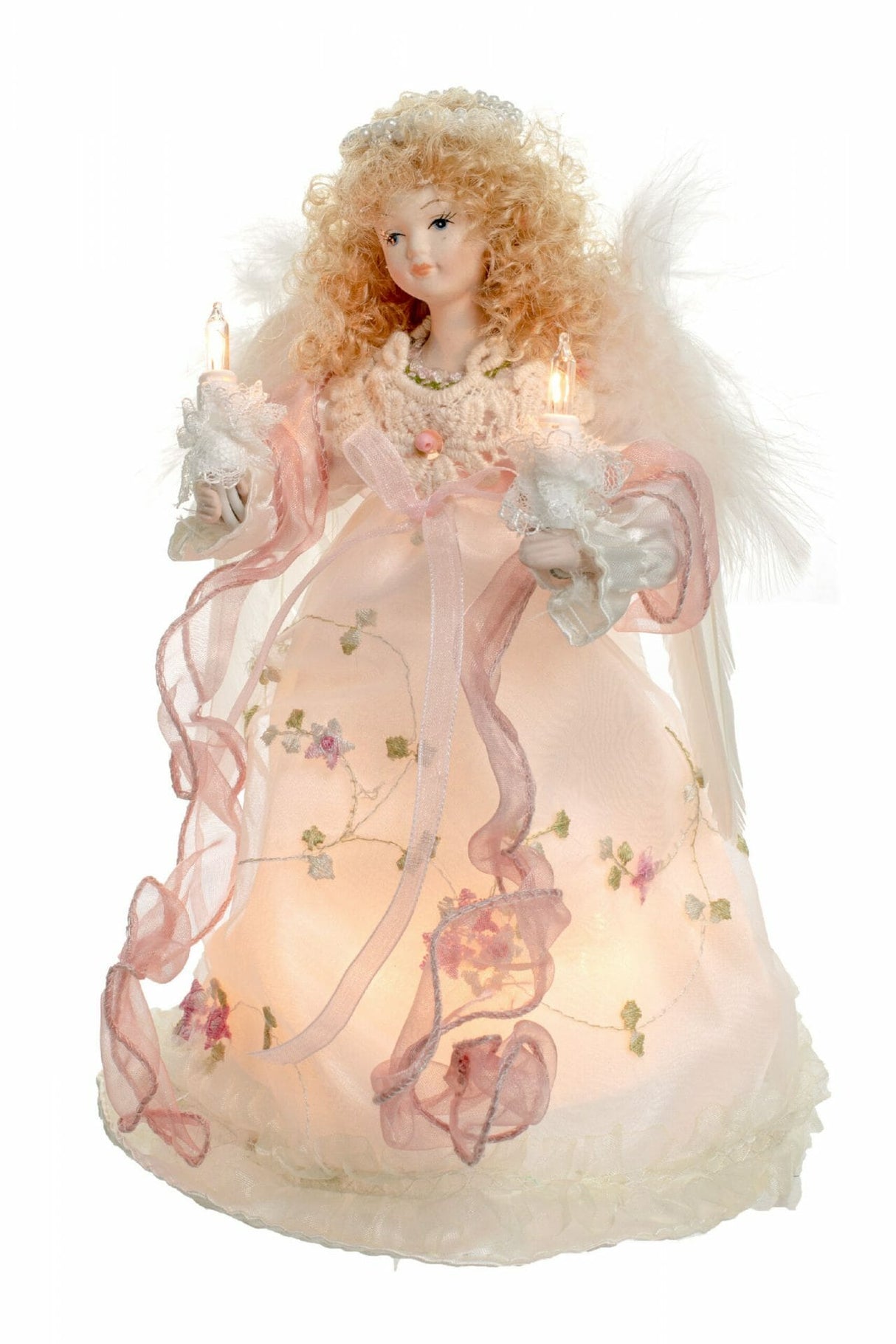 10" Ivory Cloth Small 10-Light Angel Tree Topper with Blonde Curly Hair