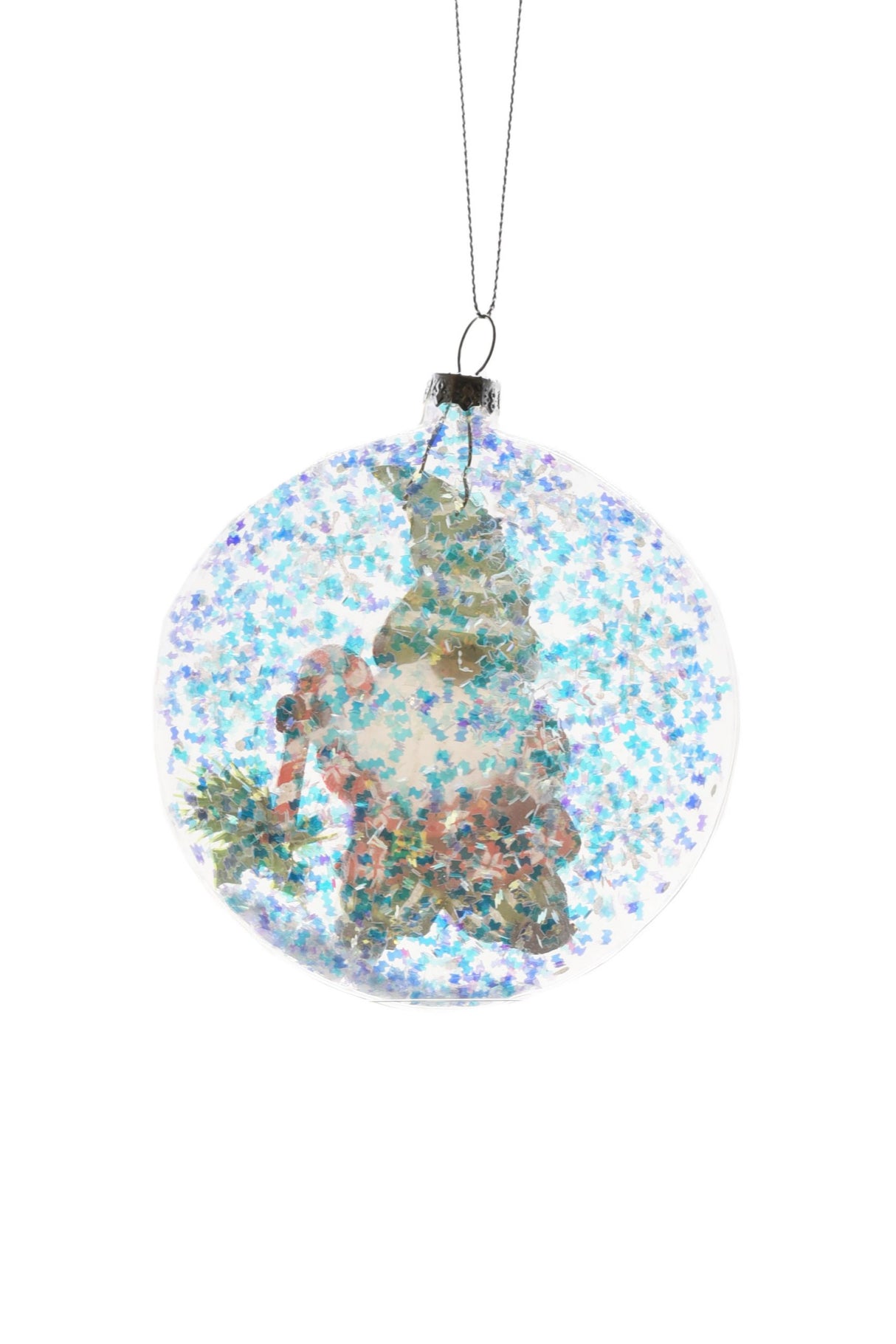 4"Flat Hanging Clear Glass Ball Ornament with Gnome and Christmas Tree
