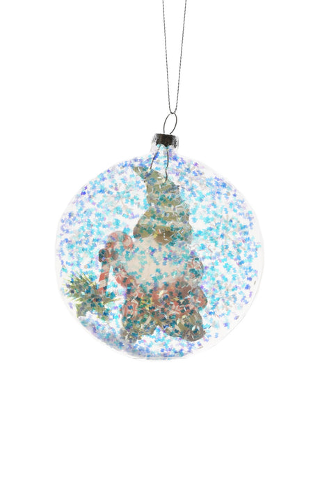 4"Flat Hanging Clear Glass Ball Ornament with Gnome and Christmas Tree