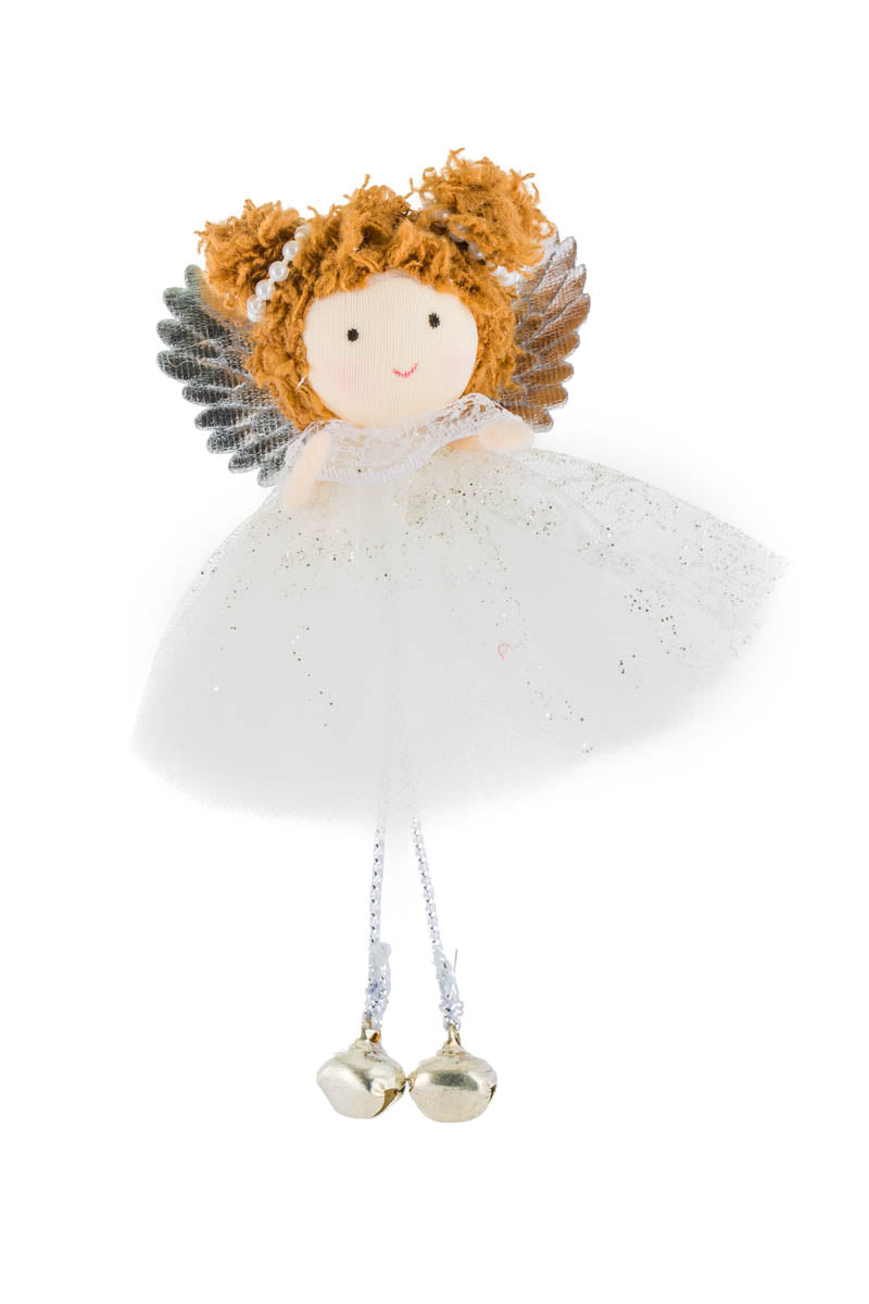 5.5" Hanging White and Silver Fabric Cherub Girl Doll with Pearl Hair Ties