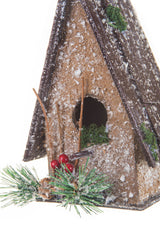 7" Hangable Umber Wood Mossy Birdhouse Christmas Cabin