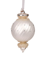6" Hanging Matte White and Silver Porcelain Finial Teardrop Ornament