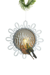 6" Hanging White Wooden "Merry Christmas" Sign LED Ornament with Perched Cardinals