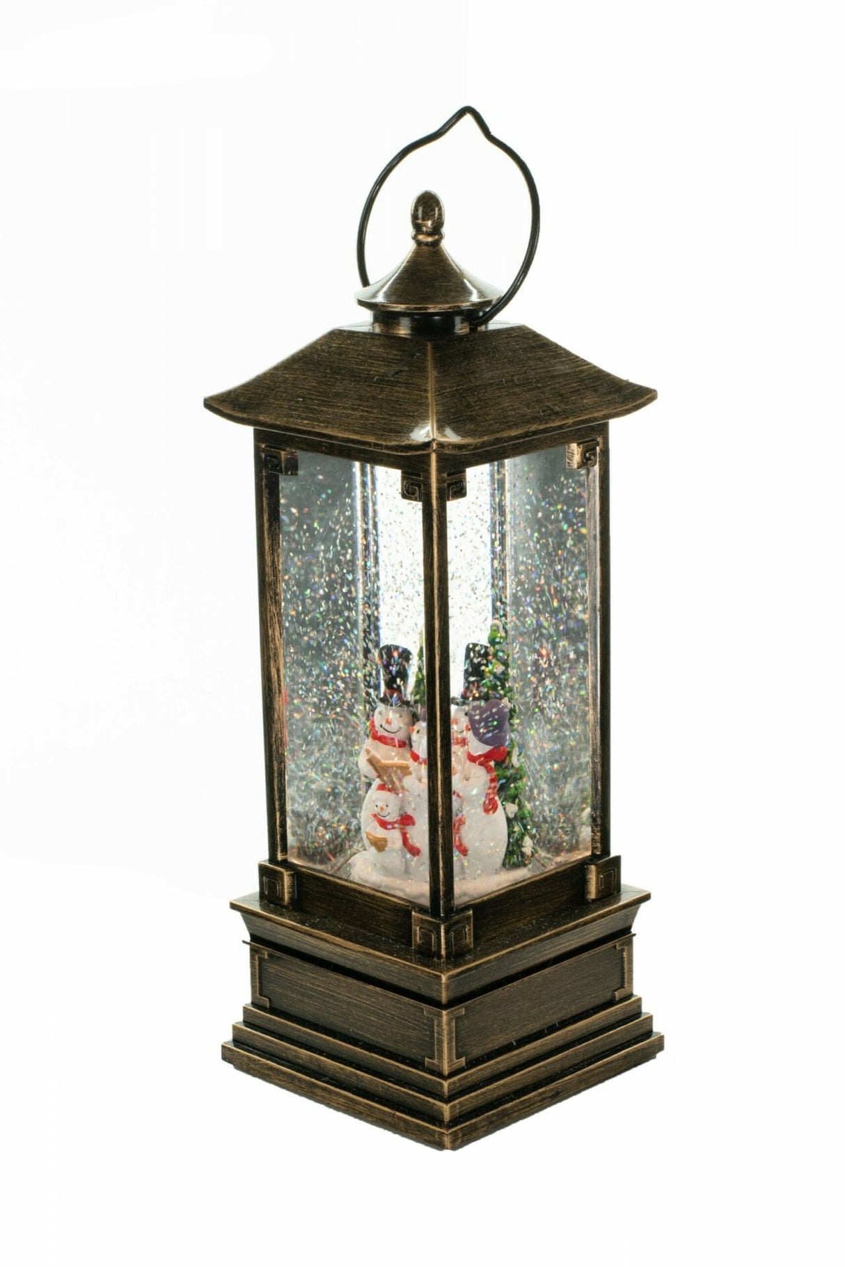 11.5" Gold Lantern Warm White LED Snow Globe with Snowman Caroler Family