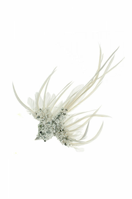 9" Clip-On Silver and White Acrylic Bird Ornament with Feather Tail
