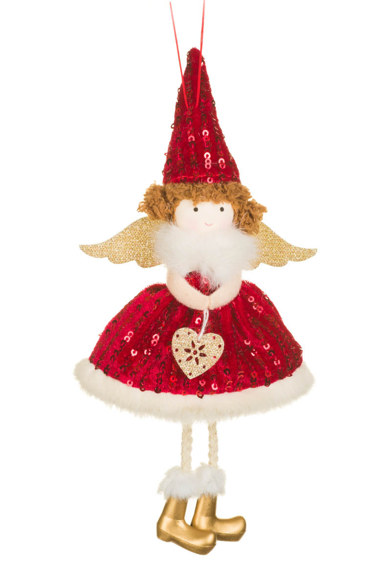 7.5" Hanging Sequin Red Fabric Fairy Girl Doll with Heart