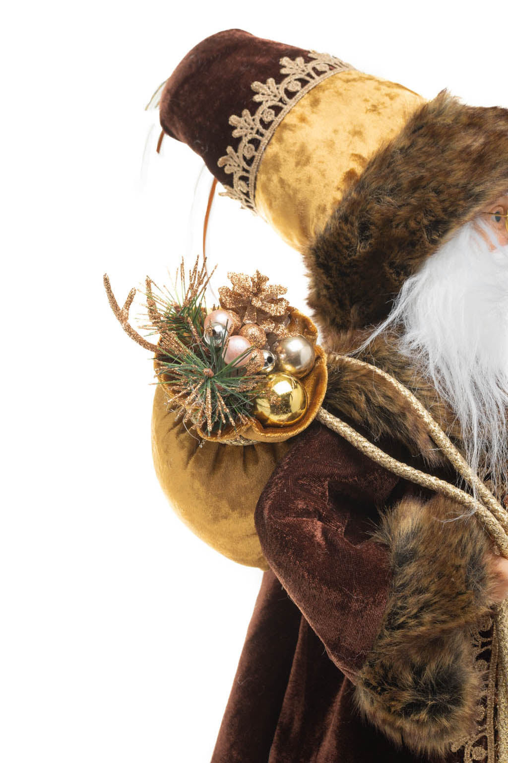 19" Brown and Gold Cloth Russian Santa Figurine Holding Gift Bag