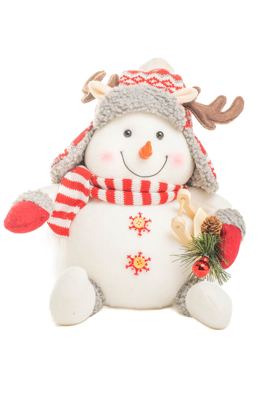13" Sitting Striped White and Red Polyfoam Deer-Fan Snowman with Sleigh