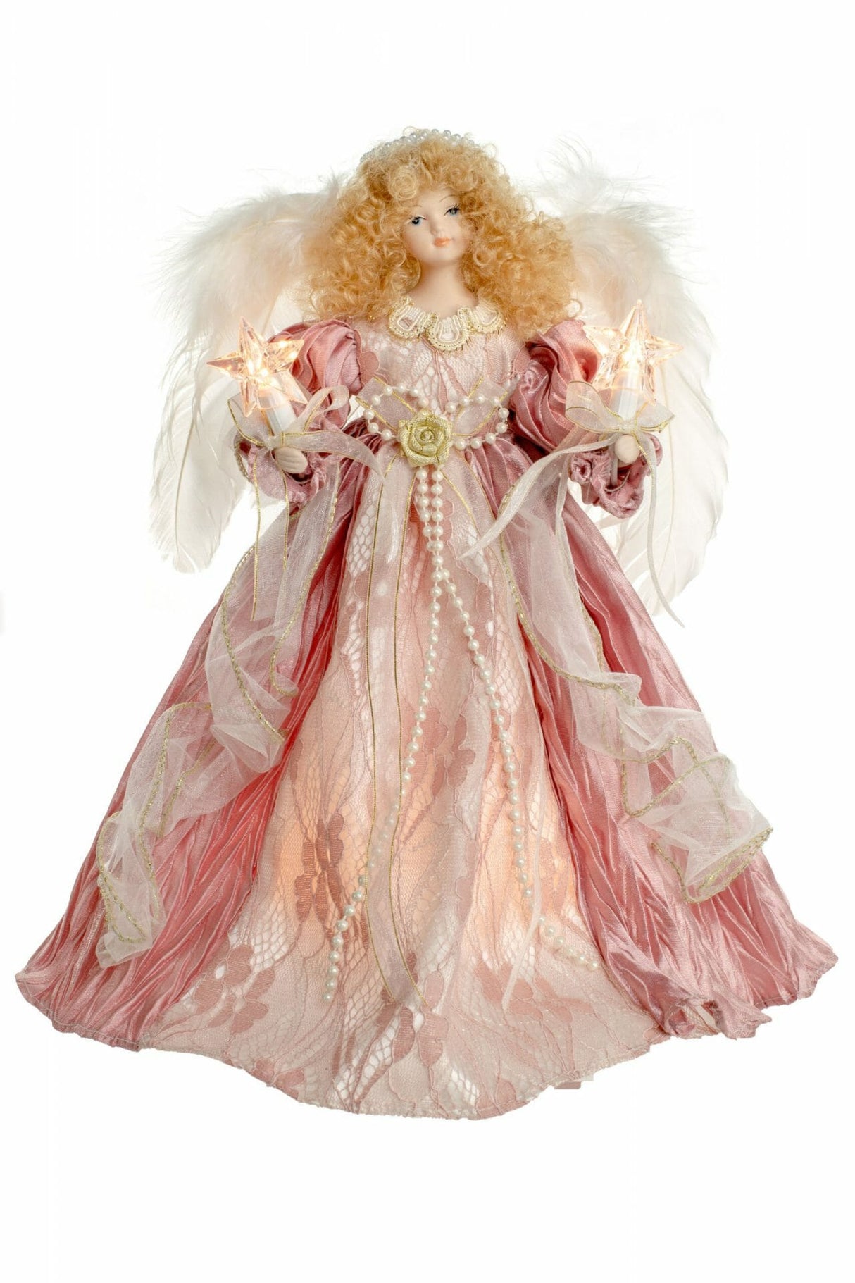 12" Pink Cloth Contemporary 10-Light Angel Tree Topper with Blonde Curly Hair
