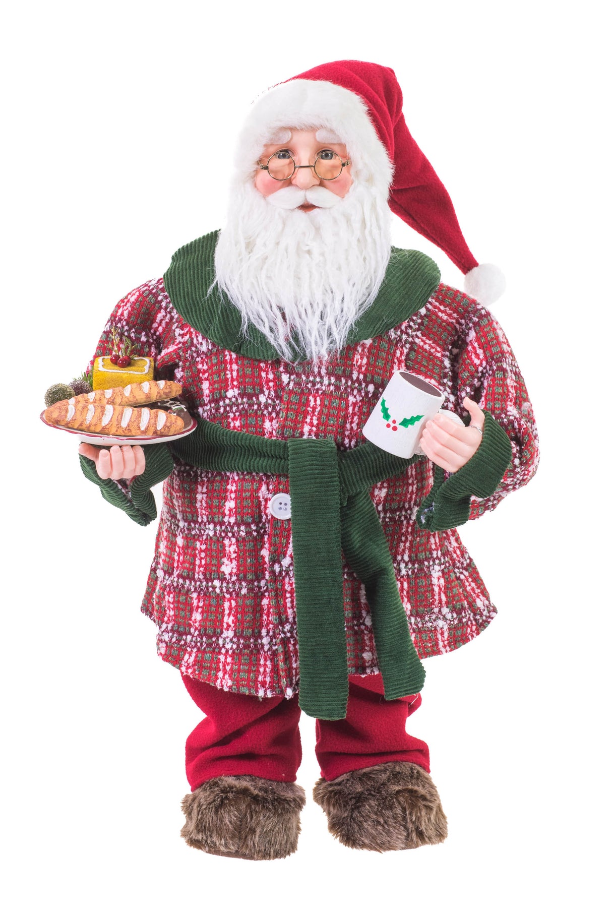 26" Red and Green Cloth Sabbatical Santa Figurine with Coffee and Snacks