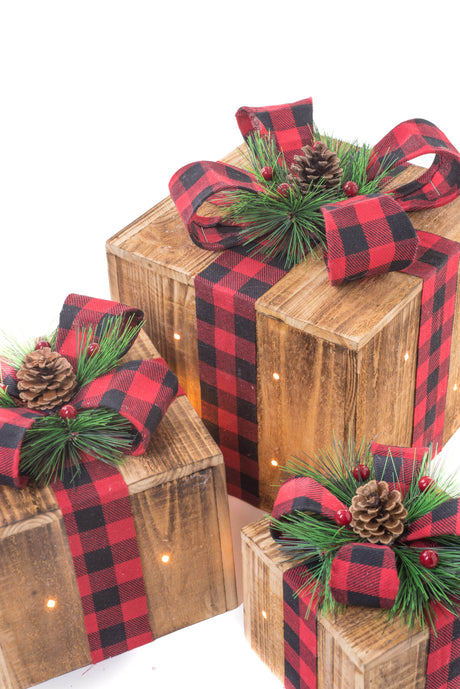 12.5" Umber Wood 3 Piece Illuminated Present Set with Buffalo Plaid Ribbon