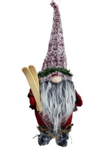 13.5" Hanging Buffalo Plaid Red and Brown Cloth Gnome Ornament with Skis