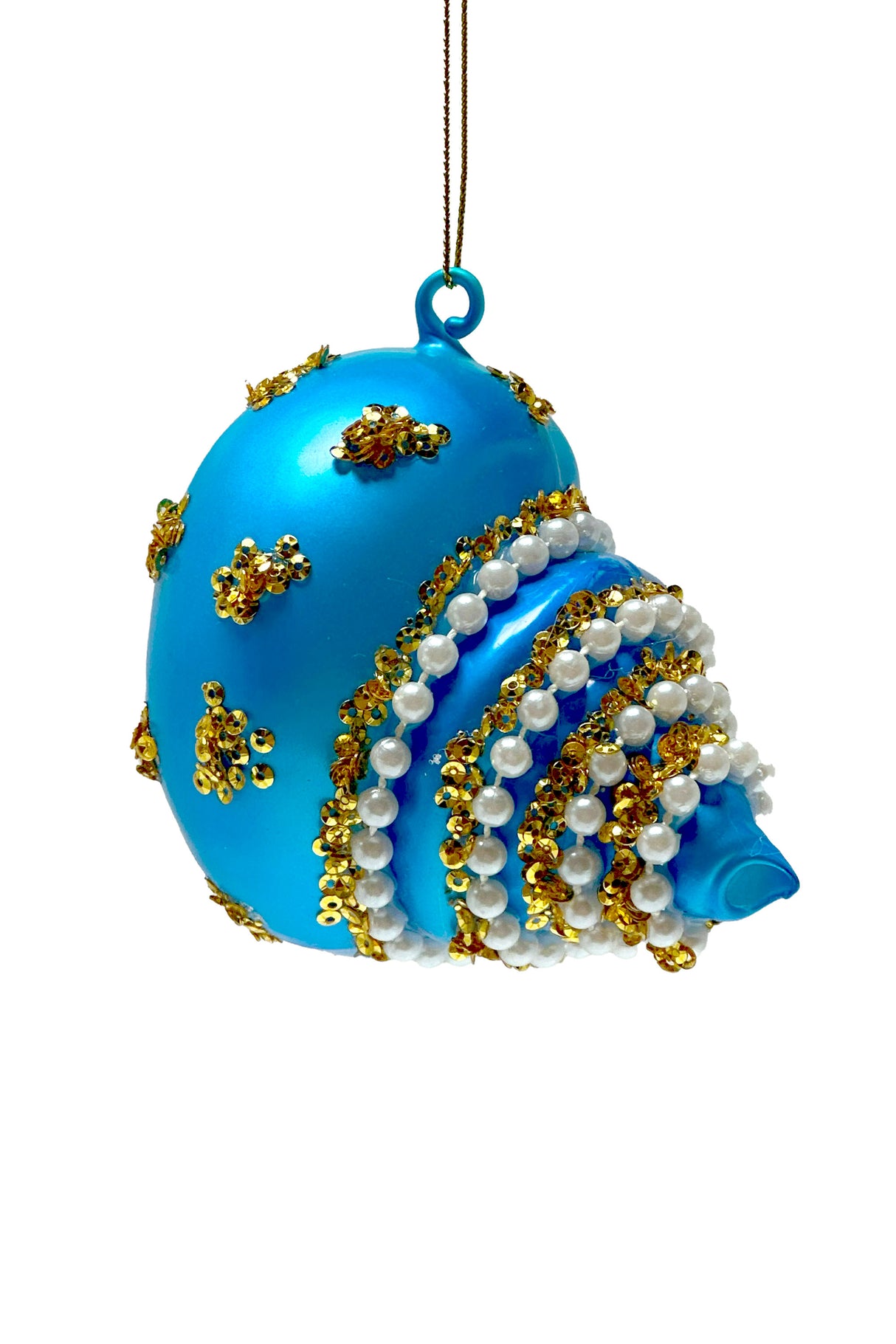 4" Hanging Blue Glass Snail Ornament with Pearls