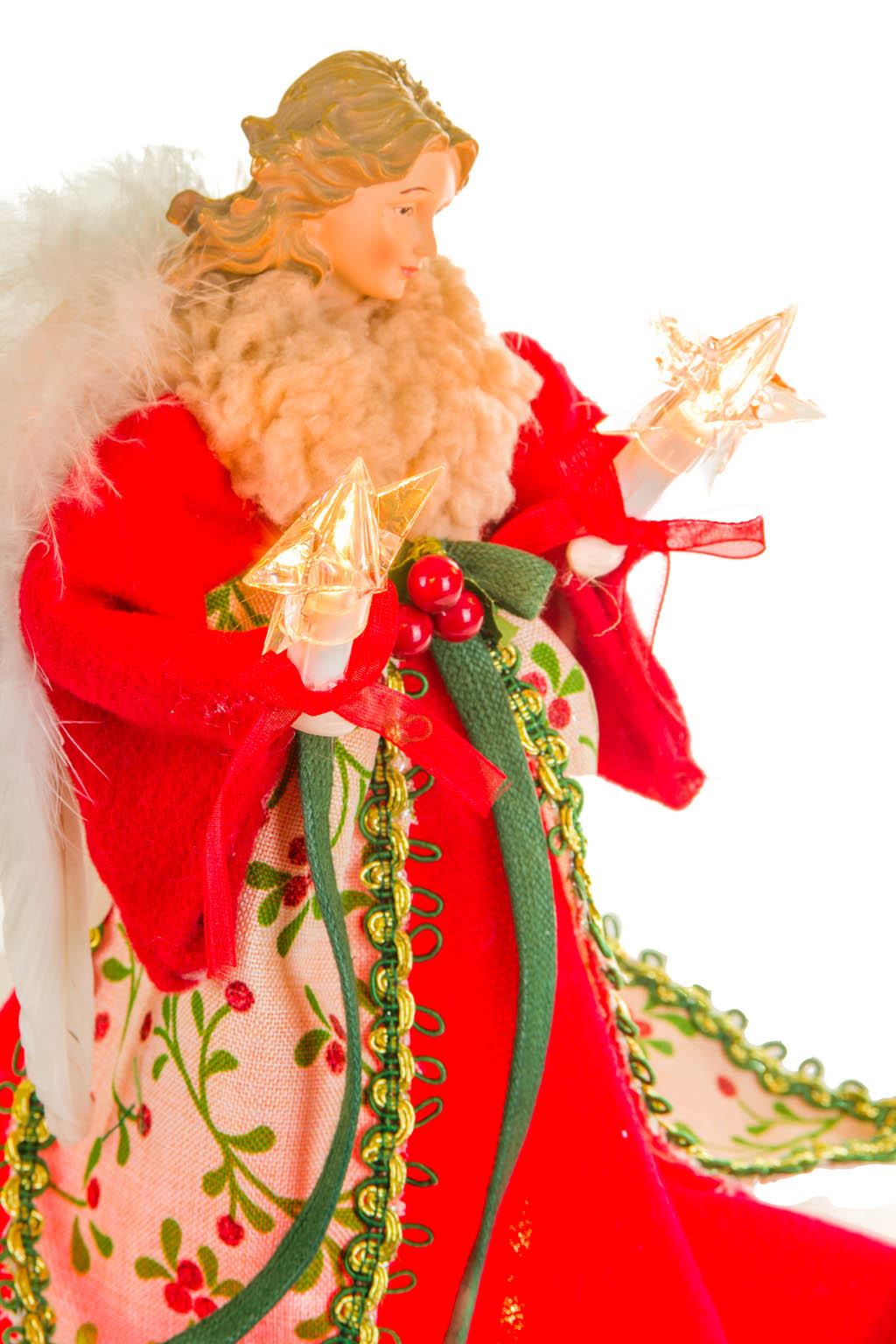 10" Chintz Red and Beige Cotton Cozy Warm White LED Angel Tree Topper