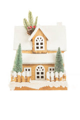 12" White and Light Brown Wood Snowy Cabin Warm White LED Display