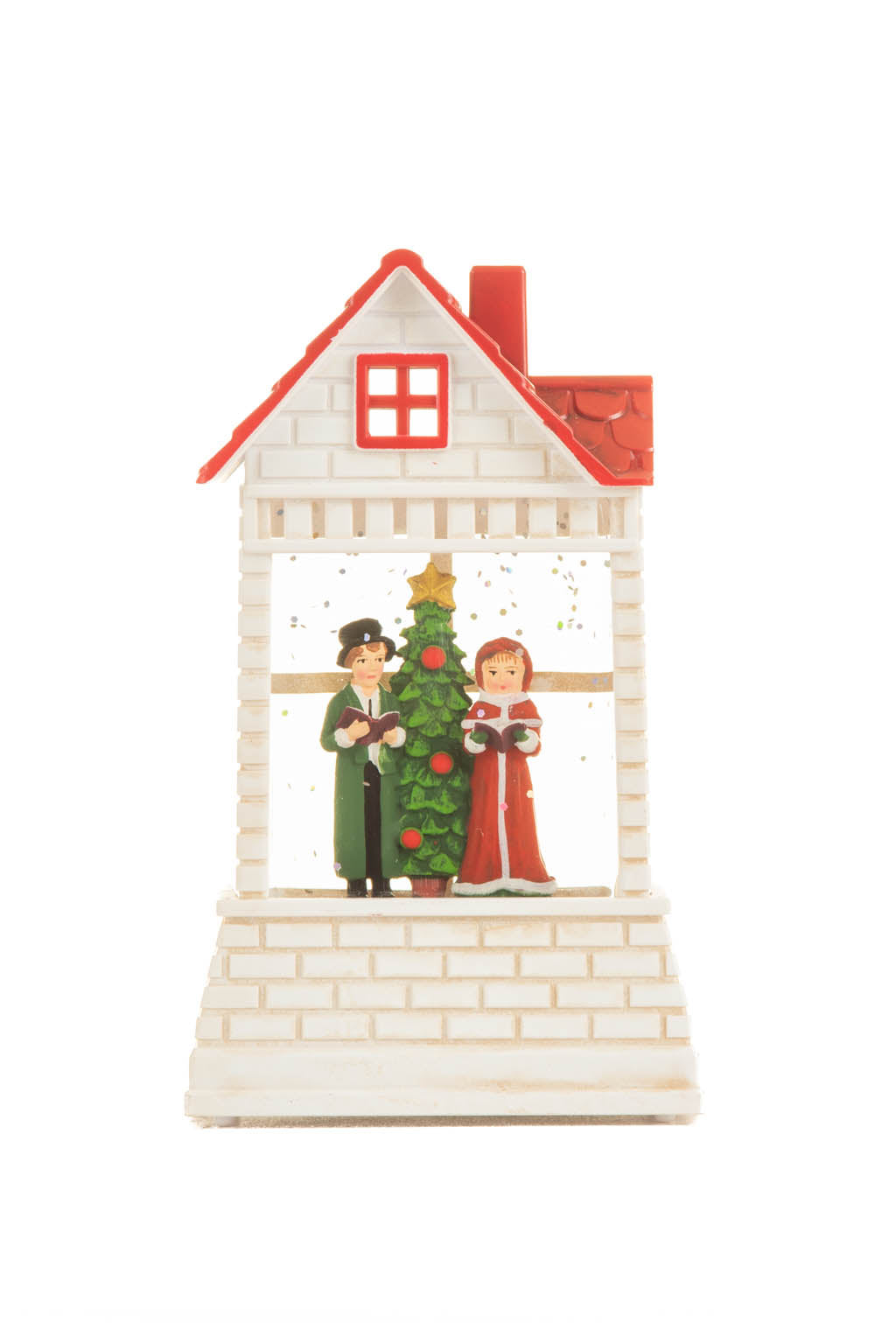 12.5" Mini White and Red Plastic Brick House Warm White LED Snow Globe with Carolers