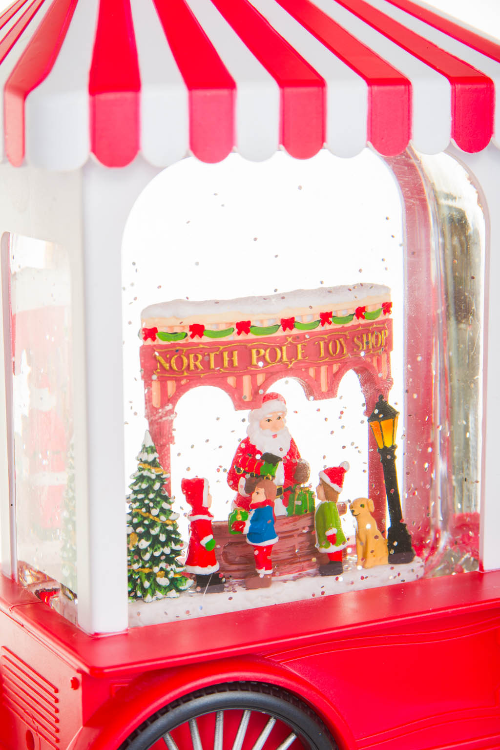 27" Candycane Red Plastic Santa's Workshop Cart LED Snow Globe with The Toyshop