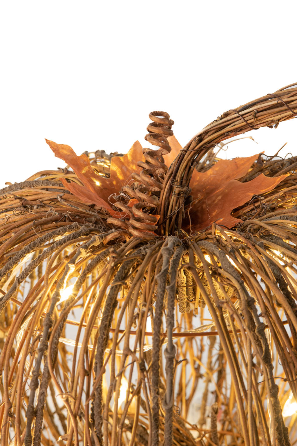 14" Sitting Ochre Wood Stick Pumpkin Warm White LED Display