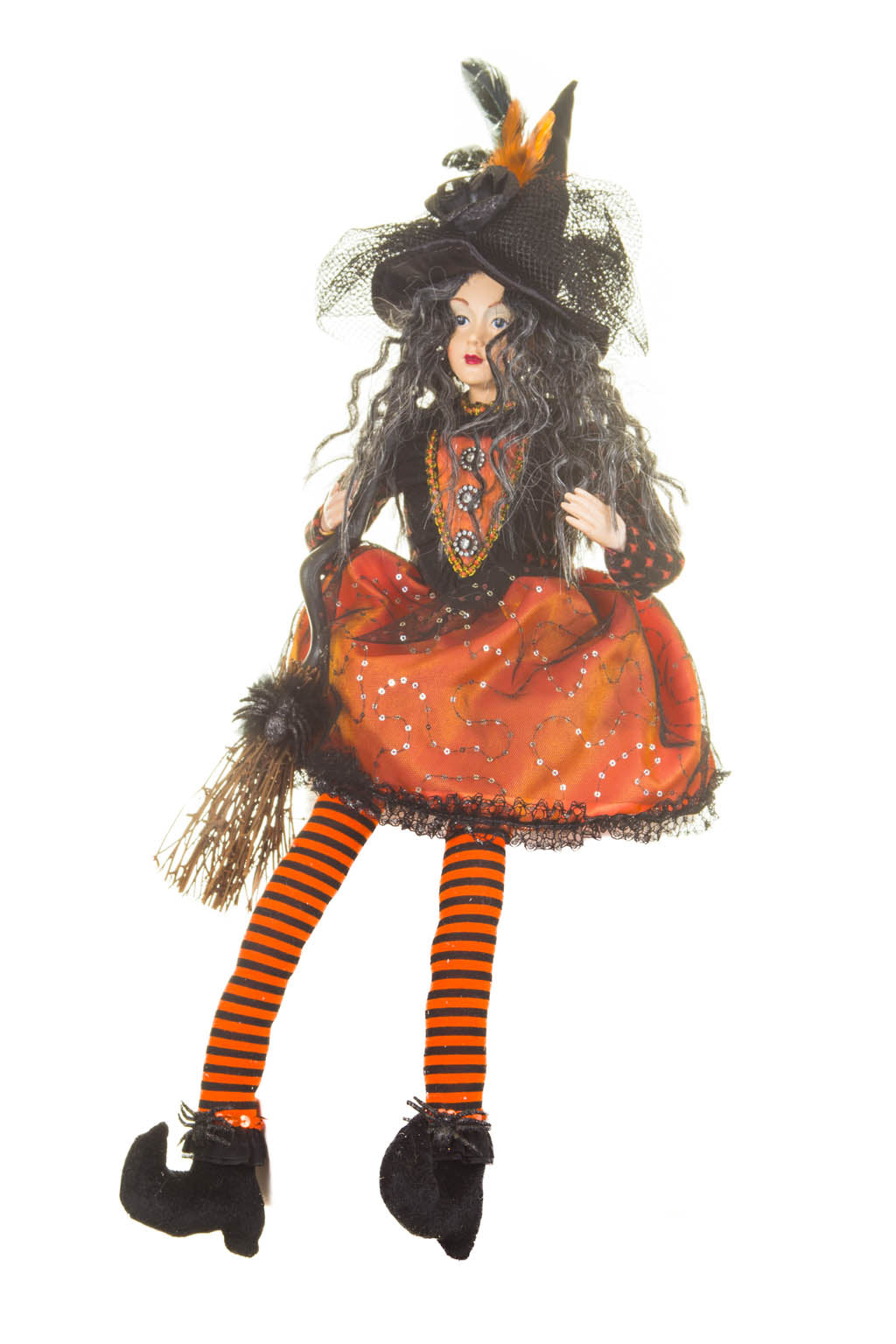 28" Sitting Orange and Black Cloth Compelling Witch Figure with Broomstick