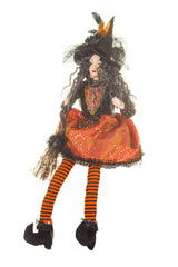 28" Sitting Orange and Black Cloth Compelling Witch Figure with Broomstick