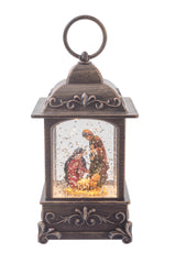 5.25" Mini Brown Plastic Square Lantern LED Snow Globe with Nativity Figurine