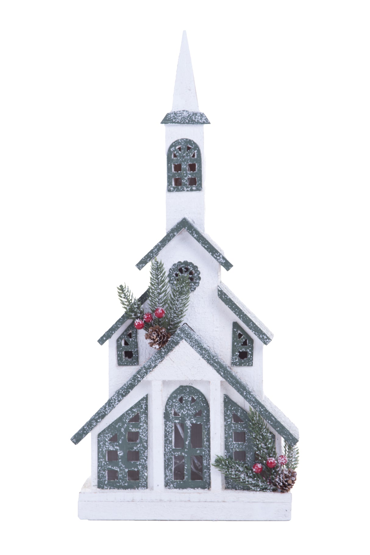 22" Geometric White and Green Wood Winter Church Warm White LED Display