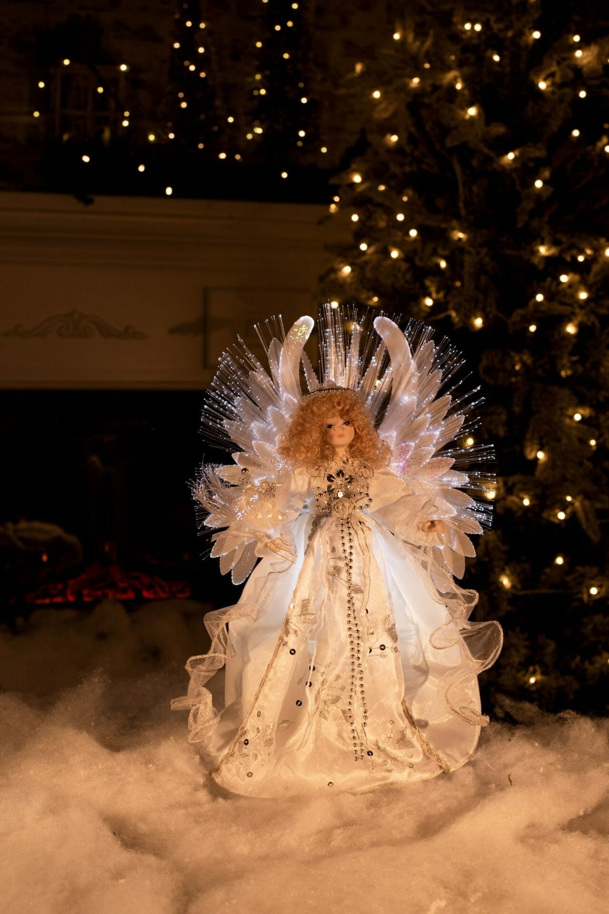 13" White Cloth Contemporary Fiber Optic Angel Tree Topper with Blonde Hair