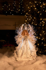 13" White Cloth Contemporary Fiber Optic Angel Tree Topper with Blonde Hair