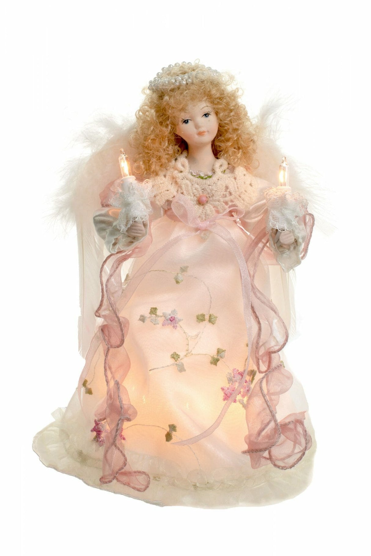 10" Ivory Cloth Small 10-Light Angel Tree Topper with Blonde Curly Hair