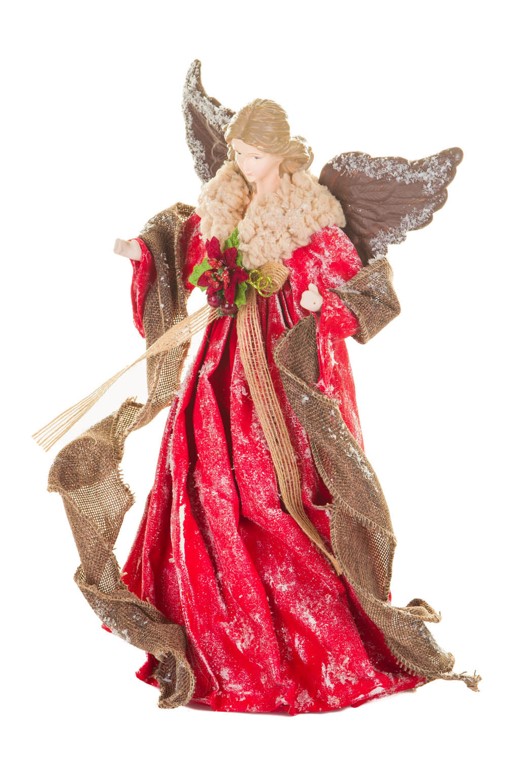 15" Red and Brown Polyester Ornate Warm White LED Angel Tree Topper with Snowflakes