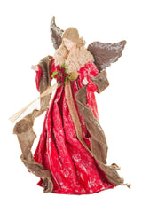 15" Red and Brown Polyester Ornate Warm White LED Angel Tree Topper with Snowflakes