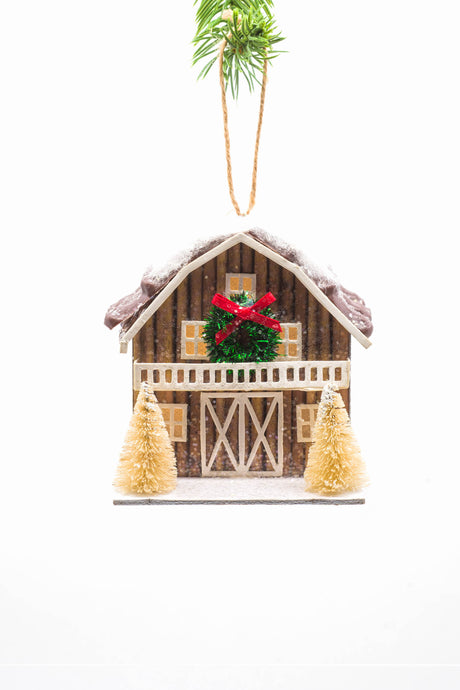 3.5" Hanging Brown Plastic Barnhouse LED Ornament with Snowcapped Roof