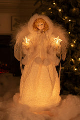 15" Ivory Cloth Hooded 10-Light Angel Tree Topper with Blonde Curly Hair