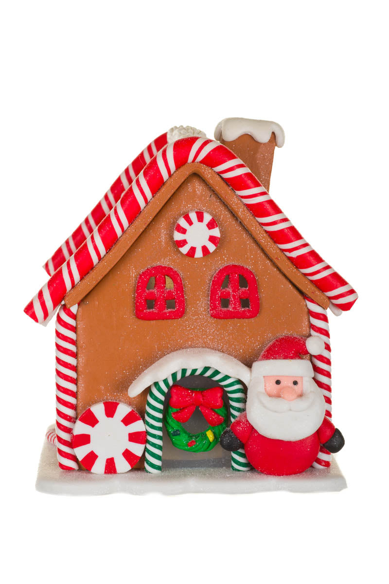 5" Sparkly White and Red Clay Santa's Gingerbread House Color Change LED Display
