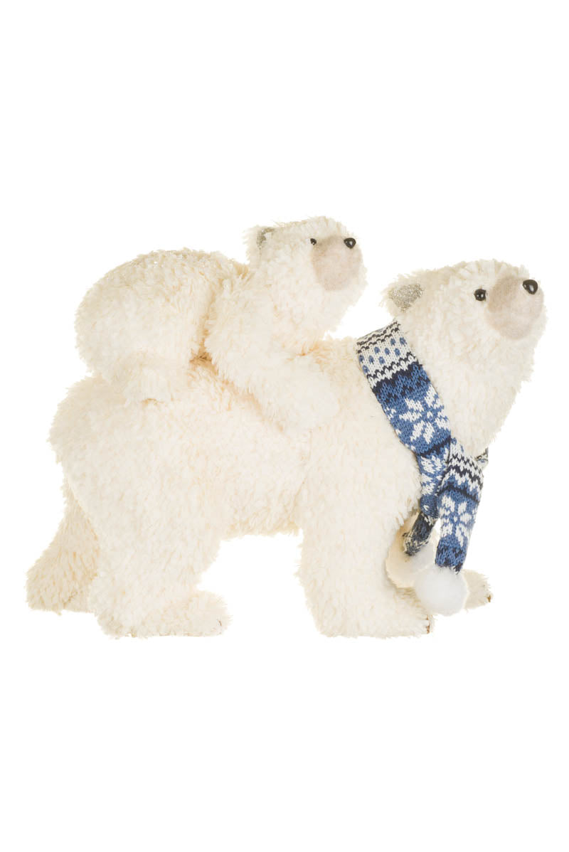 11.75" White Fleece Mom & Cub Polar Bears Figurine with Scarf