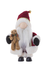 14" Chintz Burgundy and White Cloth Gnome Santa Figurine with Teddy Bear