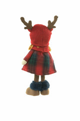 13" Red and Green Polyester Girl Doll with Plaid Skirt and Reindeer Beanie