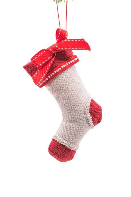 6" Hangable Ivory and Red Cloth Stocking Ornament