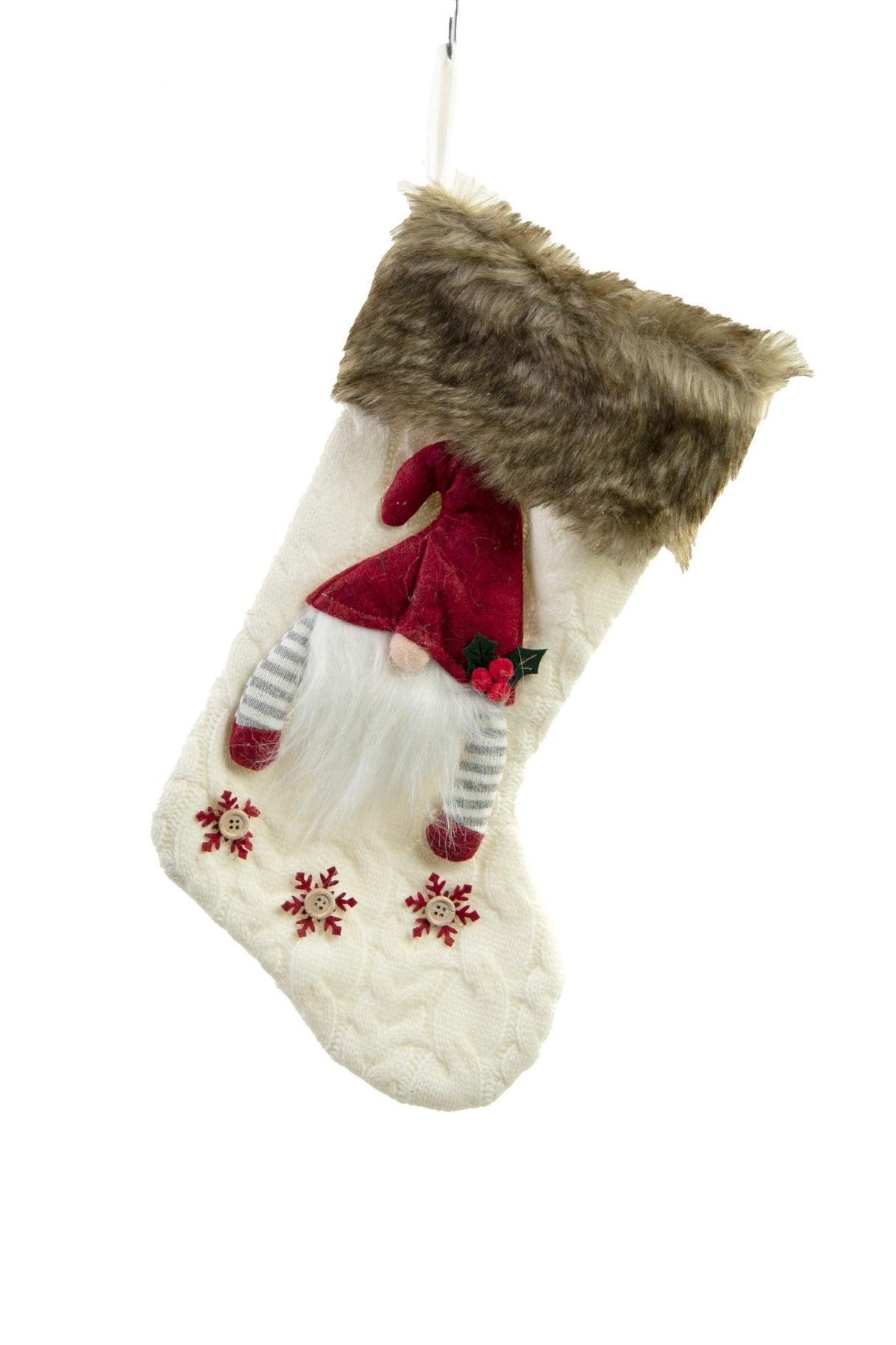 17.25" Hanging White Polyester Stocking with Gnome