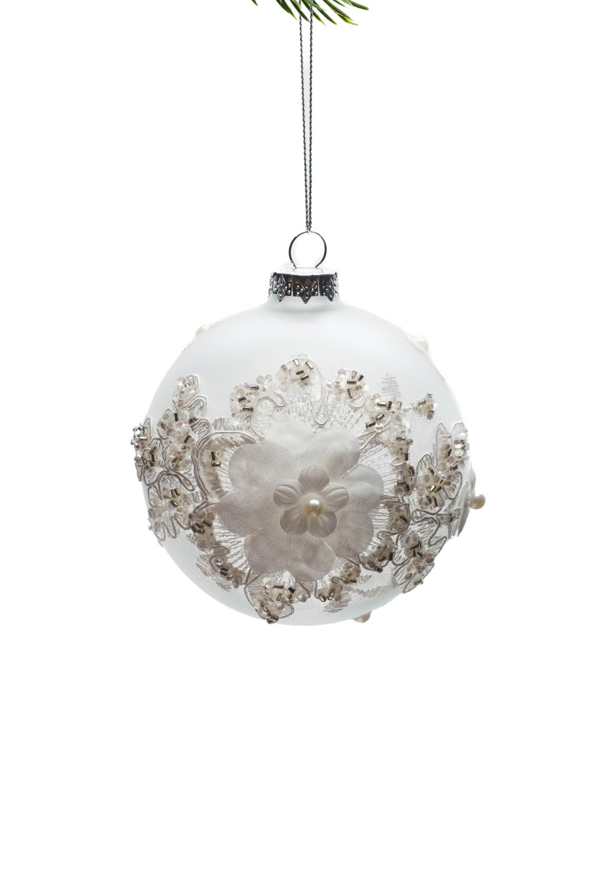 4.5" Hanging Clear and White Glass Ornate Floral Ball Ornament