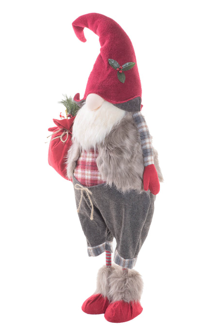 63" Red and Gray Polyester Santa Gnome with Gift Bag