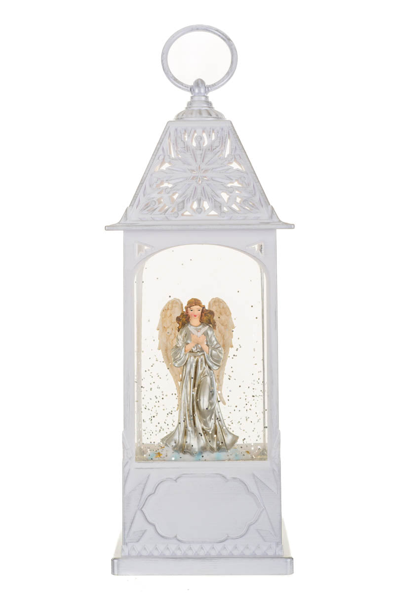 11.25" Musical White Plastic Lantern Warm White LED Snow Globe with Angel