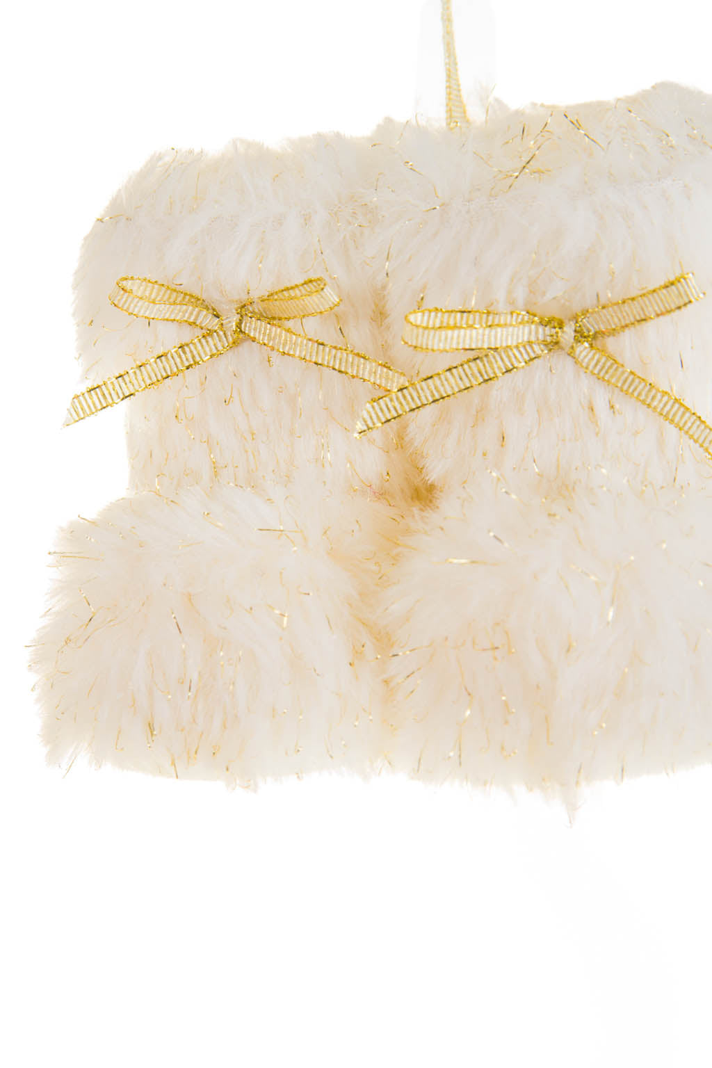 4" Hangable Sparkly White Feathered Furry Boots Ornament with Gold Ribbon