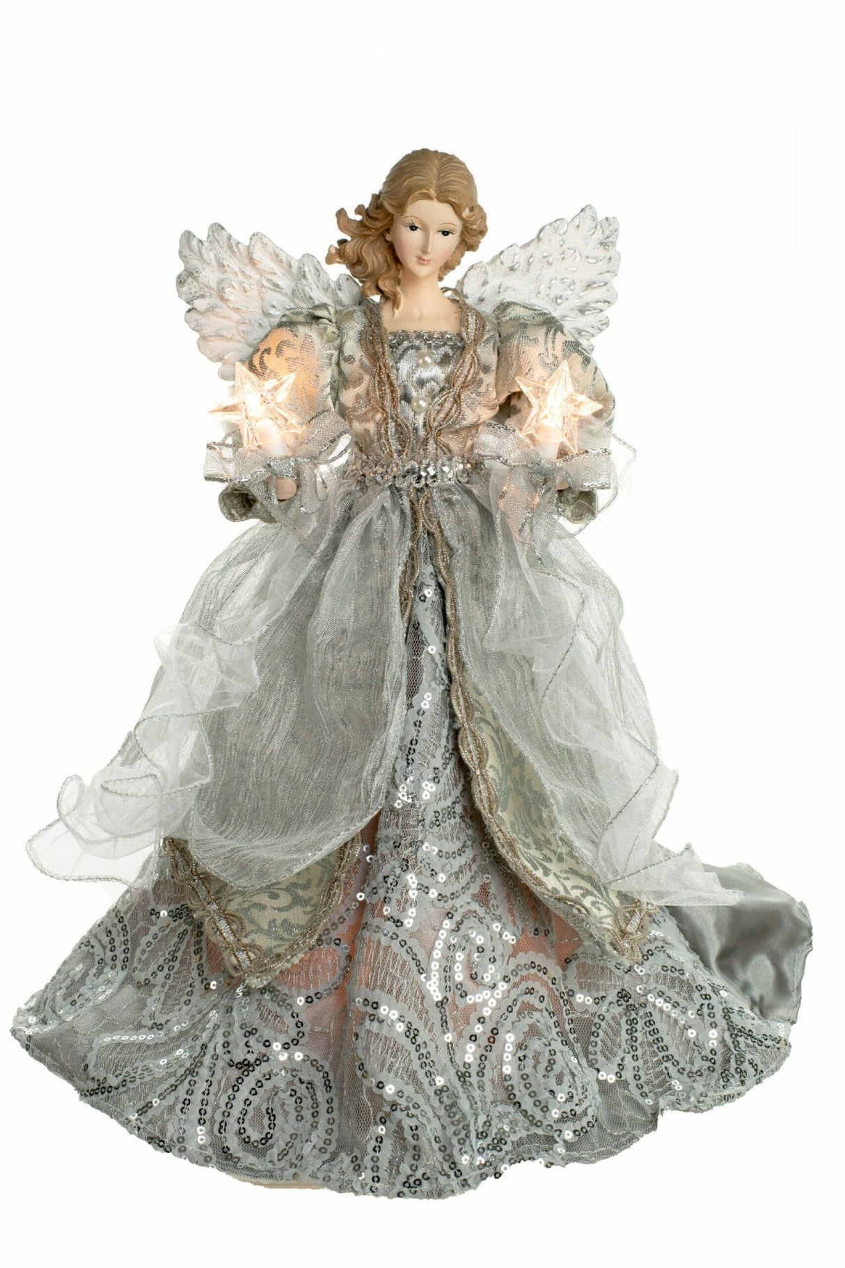 14" Silver Cloth Contemporary 10-Light Angel Tree Topper with Wings